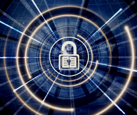 OAEBUDT logo: a decorative blue-and-black circular background with a padlock overlaid