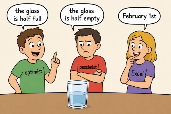 A cartoon of three people looking at a half-full glass of water. The person on the left wears a t-shirt labelled "optimist" and needs a speech bubble saying "the glass is half full". The middle person wears a t-shirt labelled "pessimist" and needs a speech bubble saying "the glass is half empty". The person on the right wears a t-shirt labelled "Excel" and needs a speech bubble saying "February 1st". 
The image was generated with AI