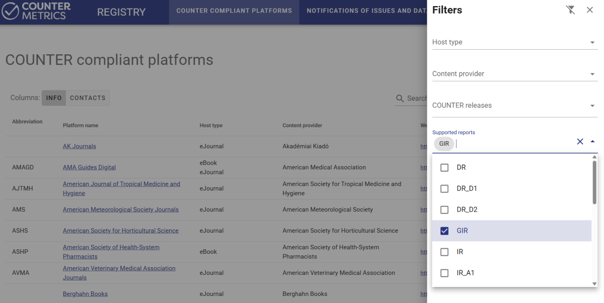 A screengrab of the new COUNTER Registry filters