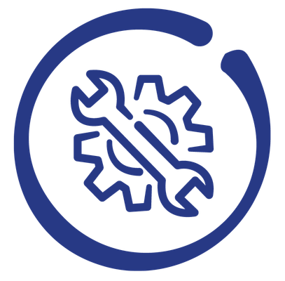A spanner overlaid on a cog, in dark blue