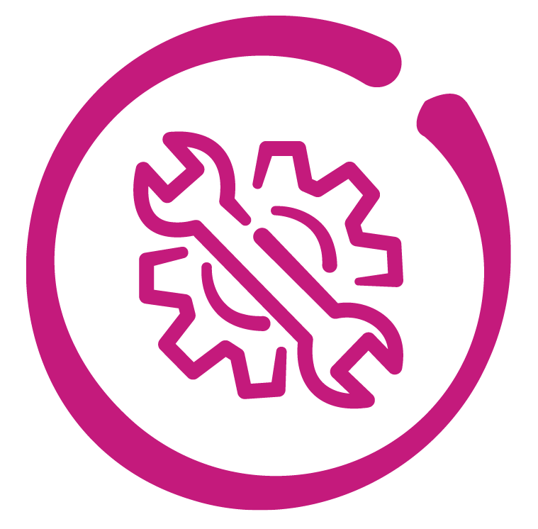 A pink circle containing a cog, overlaid with a spanner