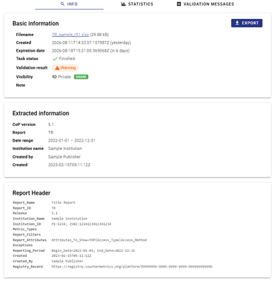 Screengrab of the Info page of a COUNTER file validation, with three boxes stacked vertically. You can see basic information (metadata about the validation) in the top box. Extracted information about the validated file is in the middle box. The bottom box shows the report header from the validated file.