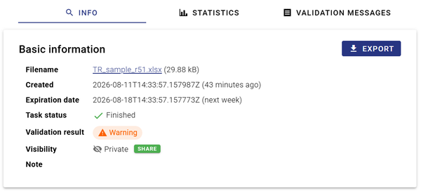 A screengrab from the COUNTER Validator showing a validation Info tab, with buttons to Export and to Share the results